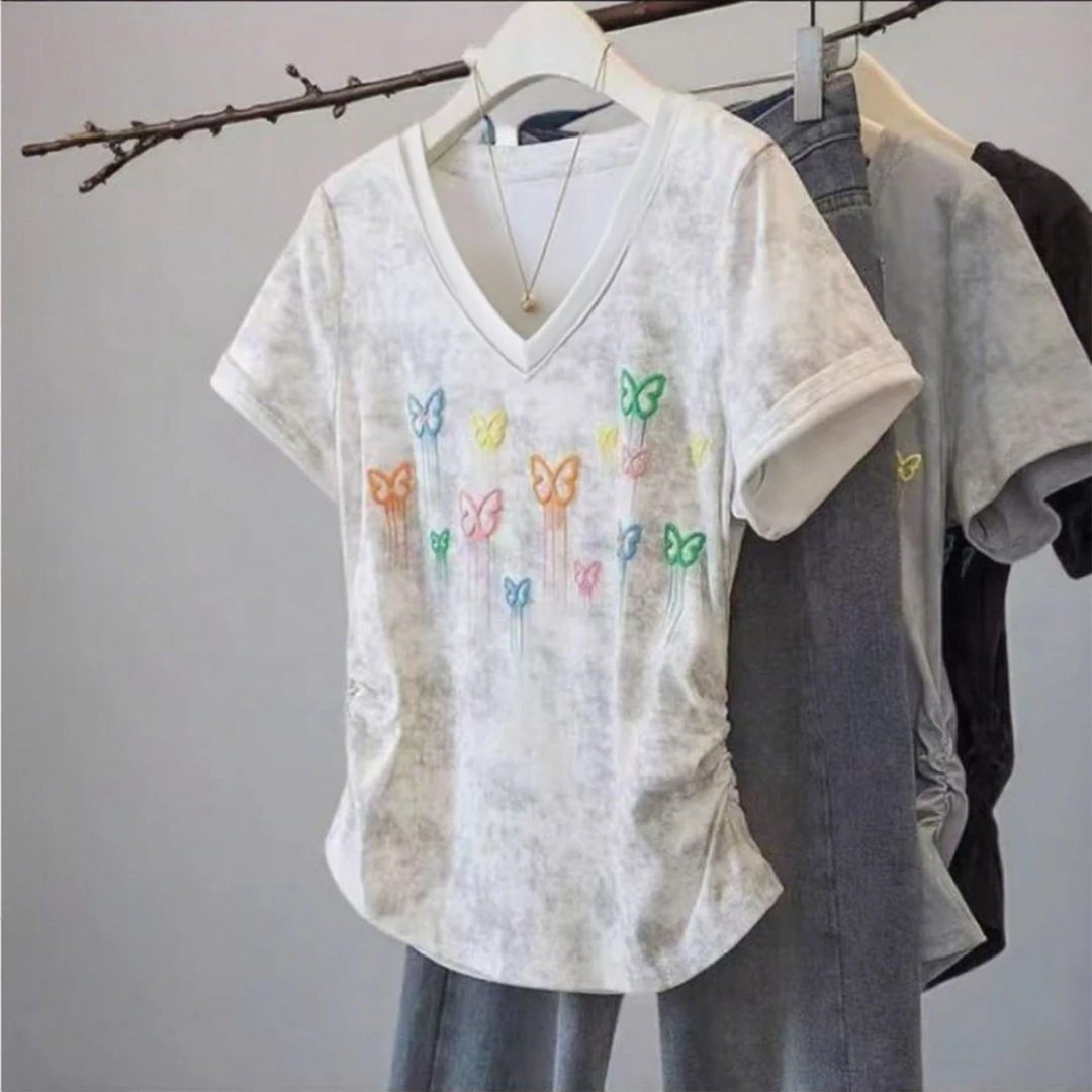 2025夏装新款短袖扎染胖mm大码女韩版百搭正肩蝴蝶刺绣V领短袖T恤