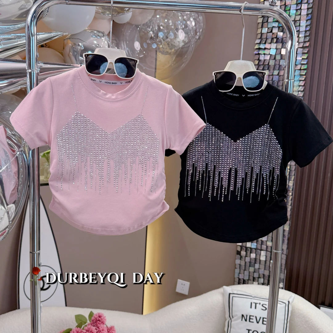 DURBEYQI/朵贝奇女童2025夏季新款亮钻圆领纯色时尚短袖5259