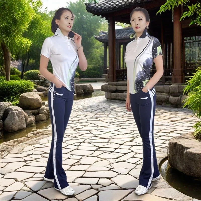速干网眼佳木斯健身操夏季白黑搭配青蓝荷花显瘦白色裤子微喇套装