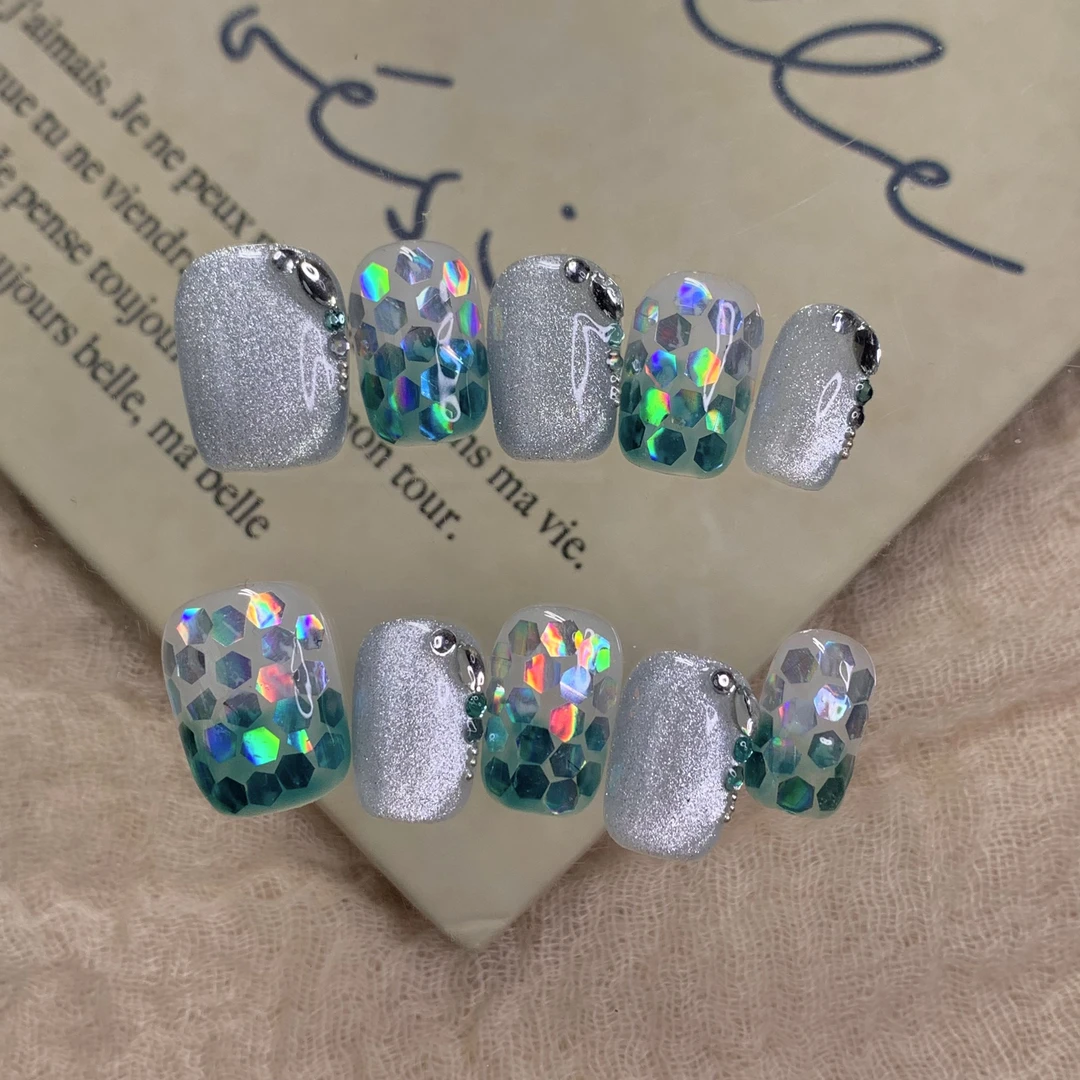 直到海水变蓝-指甲陛下纯手工穿戴甲带钻爆闪定制高级可拆卸美甲