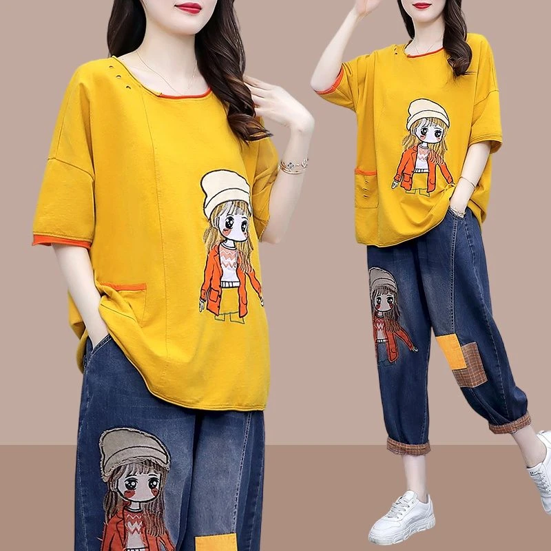 酷帅街头风图案休闲套装女2025夏季新款舒适穿搭上衣裤子两件套女