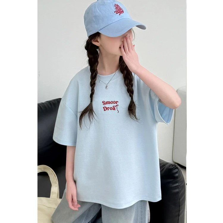 女童半袖2025夏季新款童装休闲百搭蝴蝶结印花宽松短袖T恤中大童