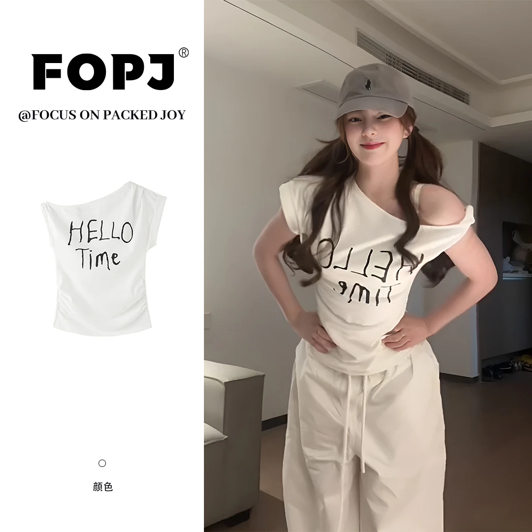 FOPJ美式复古扭结斜肩短袖t恤女夏季字母印花设计百搭辣妹上衣潮