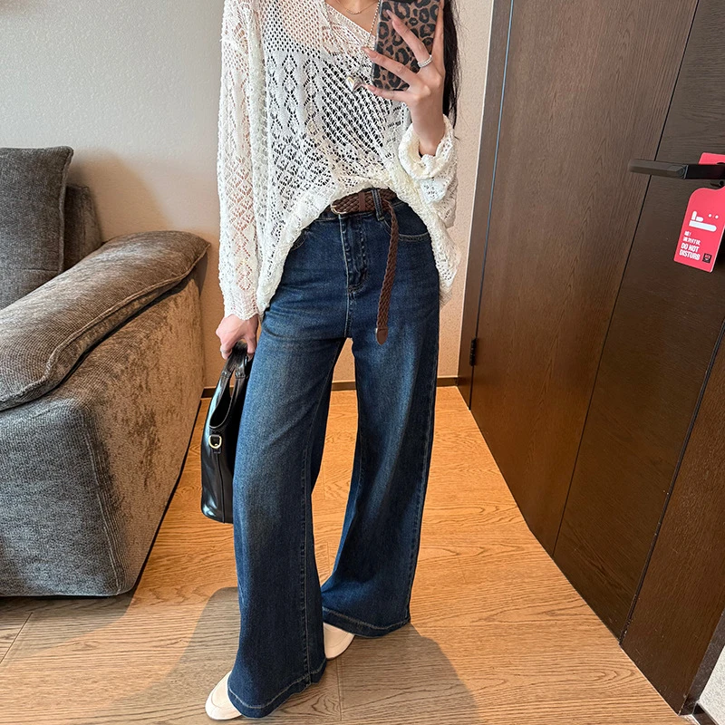 十三行大码女装辣妹复古阔腿牛仔裤女秋款高腰宽松直筒拖地裤