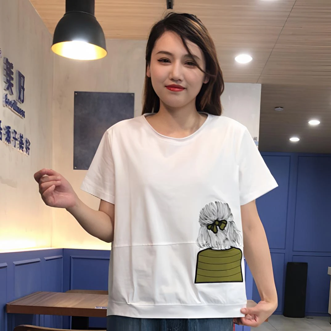 韩版显瘦白色印花短袖绿色圆领刺绣T恤夏季减龄半袖时尚休闲