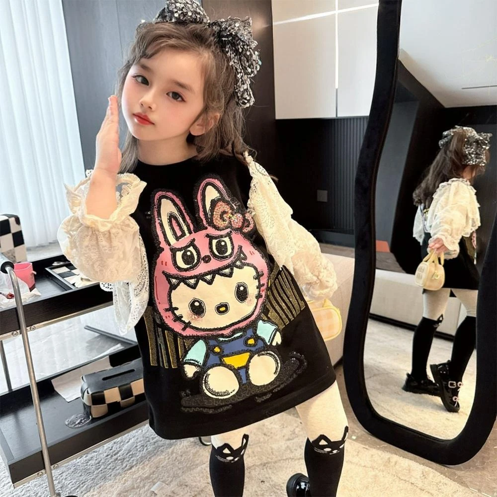 女童早秋拉布布蕾丝打底衫卫衣2025春秋款亮片拼接花边中长款上衣