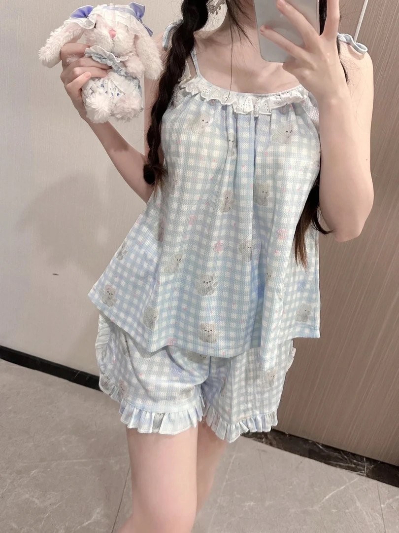 日系ins睡衣女夏季薄款吊带甜美可爱卡通小熊格子大码家居服套装