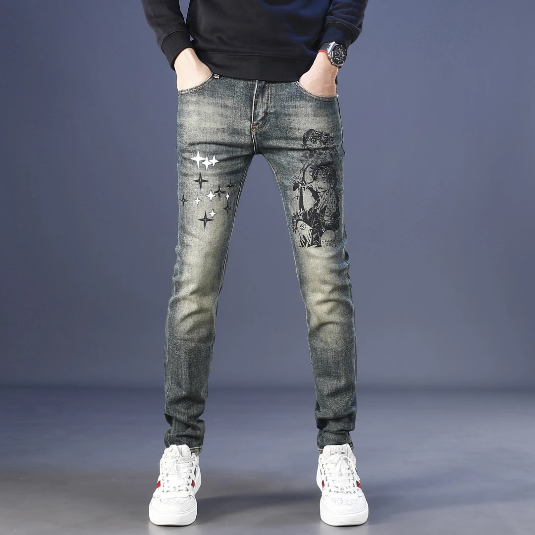 复古做旧牛仔裤男款爆款2025秋季新款修身小脚潮牌印花休闲长裤男