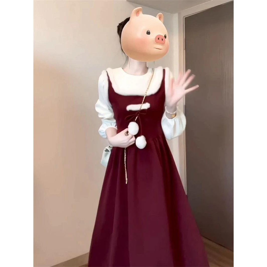 甜美气质毛球假两件拼接2025新款红色连衣裙女秋冬收腰过膝a字裙