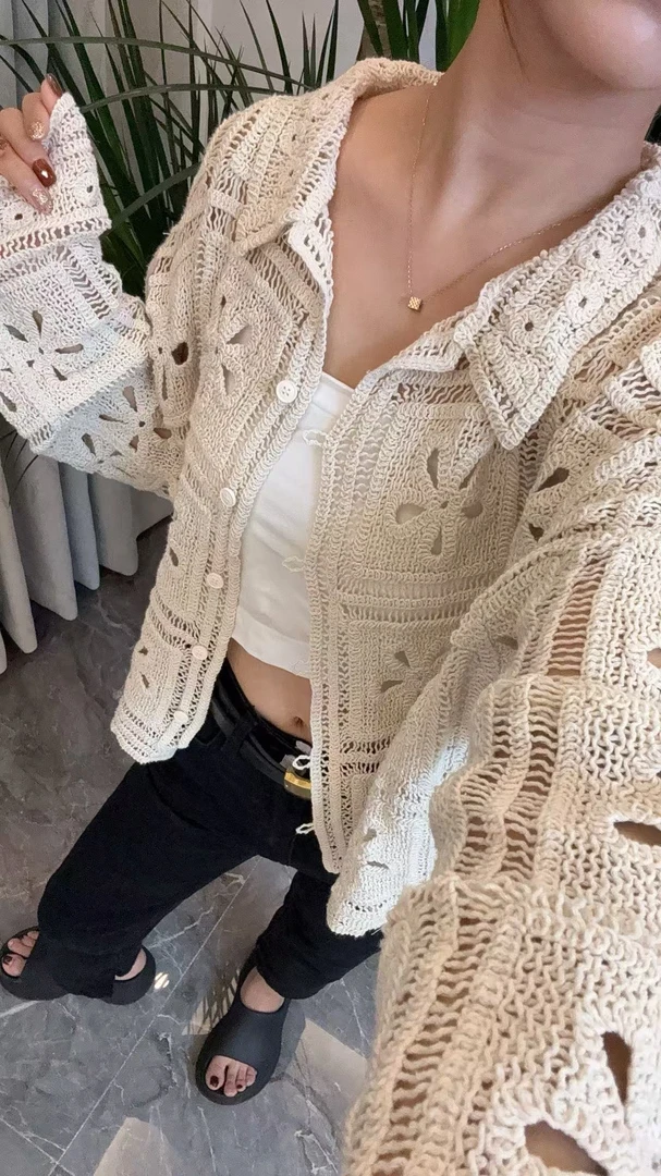 2025早秋 极简百搭立体镂空棉线钩织翻领外套