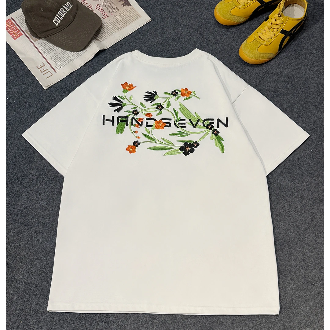 HandSeven夏季重磅潮流花卉刺绣oversize凉感抗皱圆领短袖百搭T恤