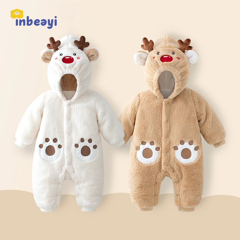 婴蓓依婴儿冬季小熊毛绒连体衣满月百天宝宝加厚哈衣麋鹿外出服