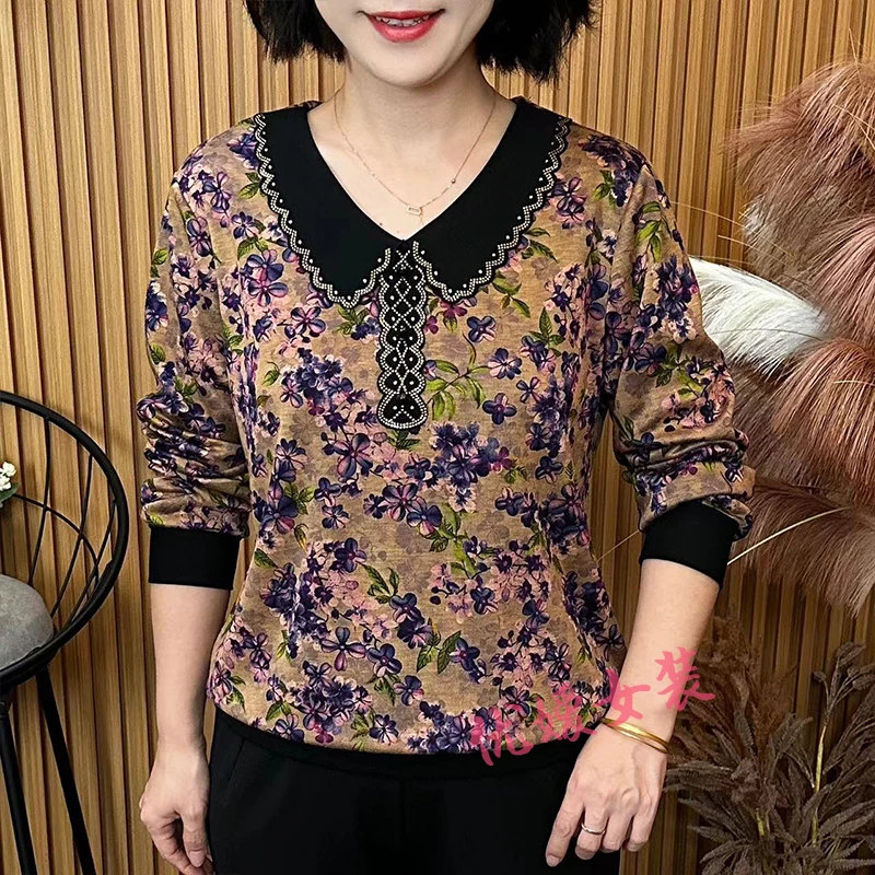 妈妈装秋季时尚娃娃领花色宽松显瘦遮肚洋气中老年女装长袖上衣