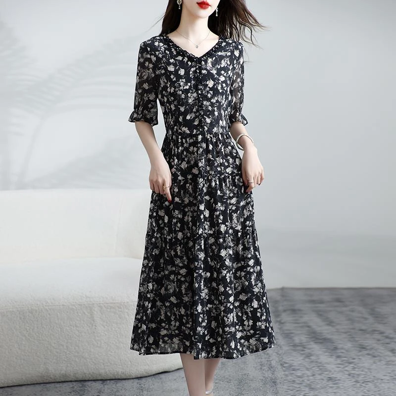 悠姿蝶款双绉真丝连衣裙女妈妈透气时尚气质桑蚕丝印花显瘦裙子夏