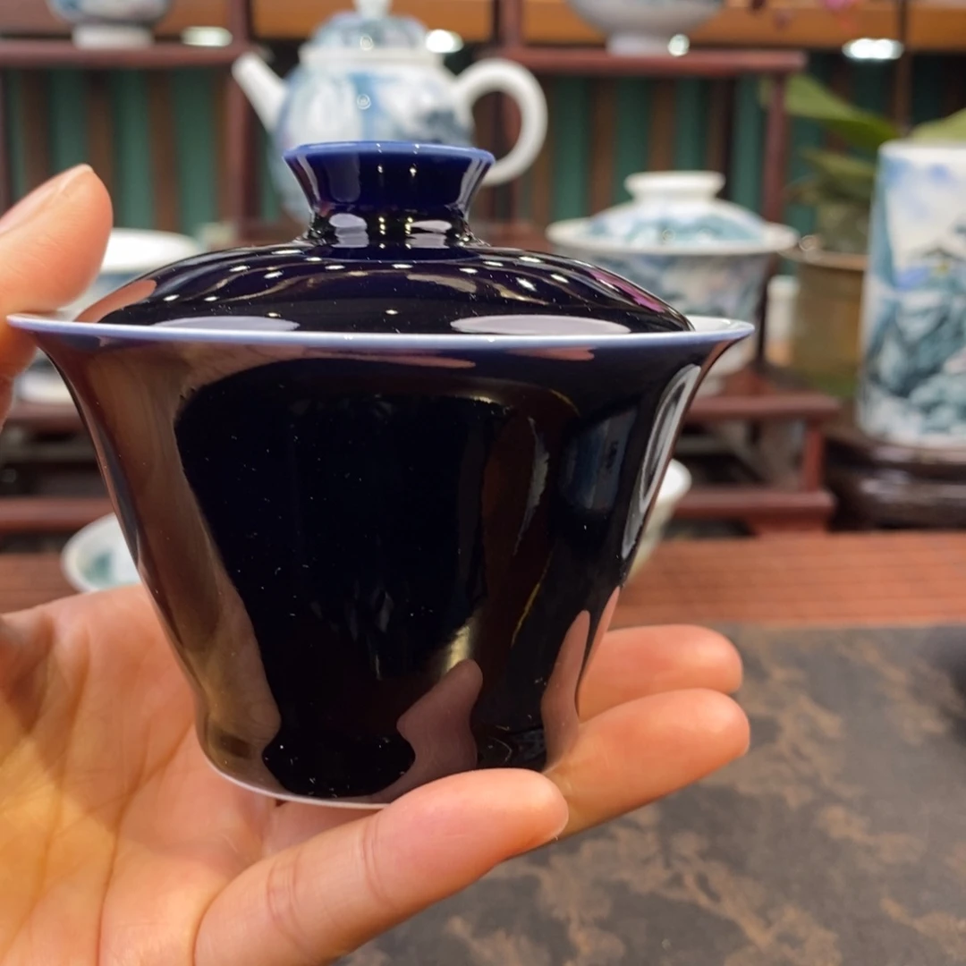 手工陶瓷柴窑颜色釉霁蓝盖碗