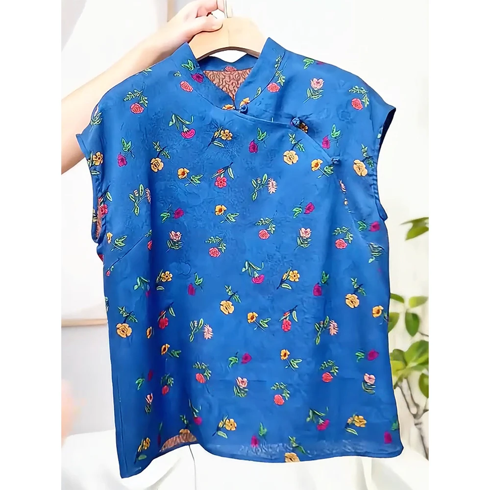 新中式复古休闲碎花盘扣短袖2025新款高级别致气质小众百搭T恤衫