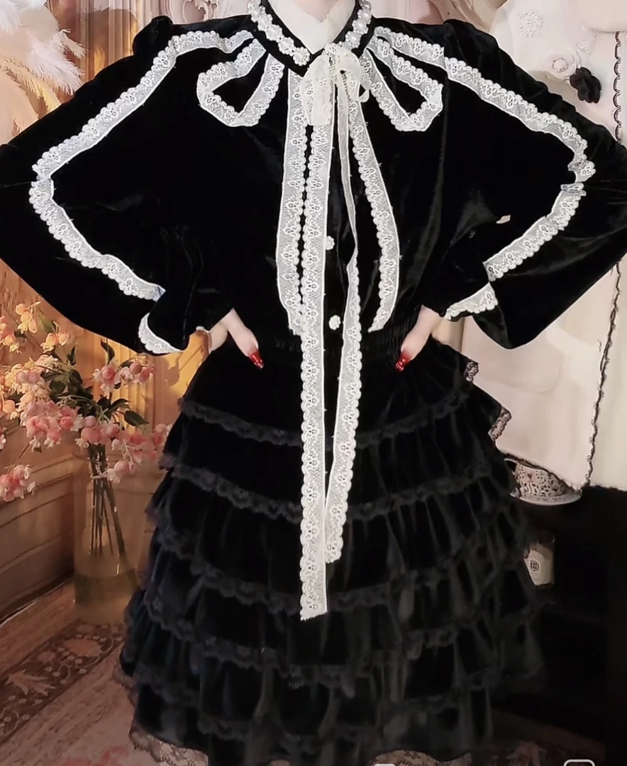 【崔】B0016法式丝绒蕾丝百褶裙短裙子甜美风优雅气质