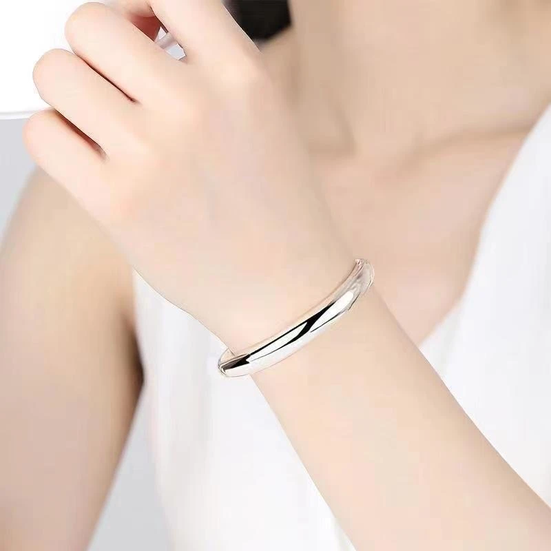 足银银制品 999纯银光面贵妃手镯女实心开口素圈银满天星推拉镯子