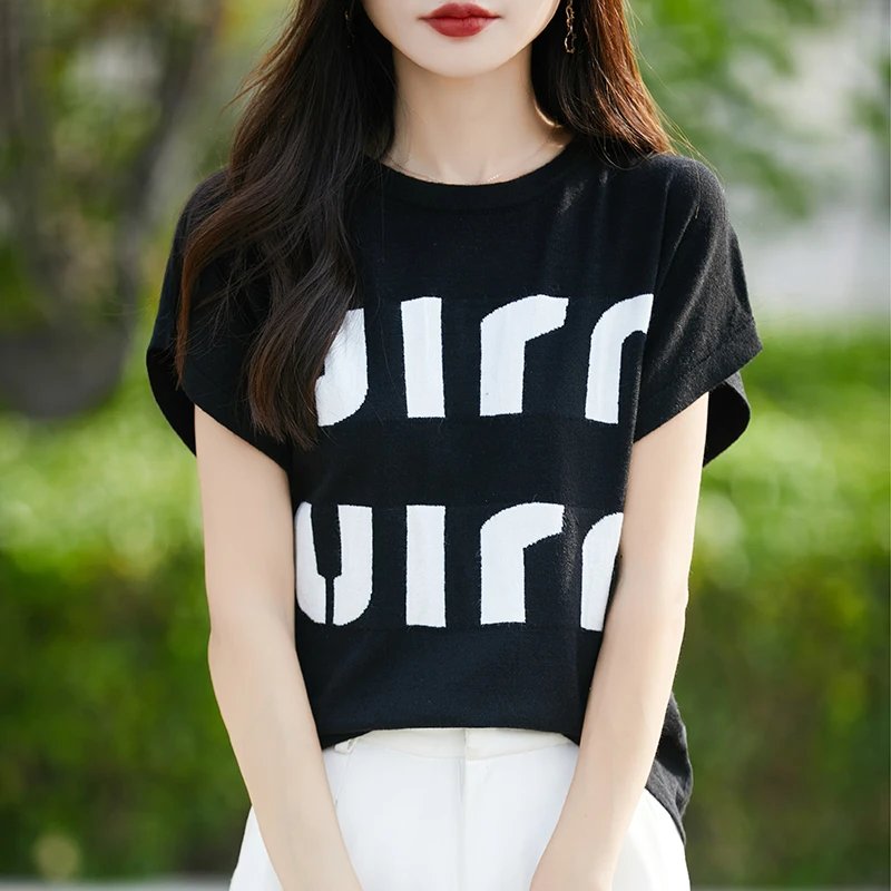 时尚品牌正品夏季提花刺绣圆领针织短袖女宽松休闲百搭时尚上衣