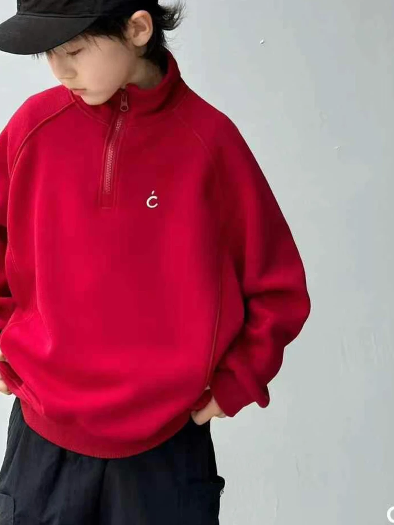 时尚前沿2024童装韩版休闲宽松一体加绒加厚拉链卫衣