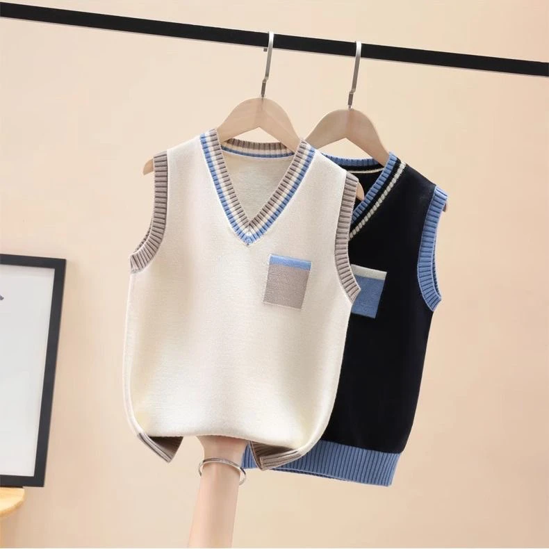 简约童装针织马甲洋气新款儿童毛衣背心中大童男女童纯棉毛衣坎肩
