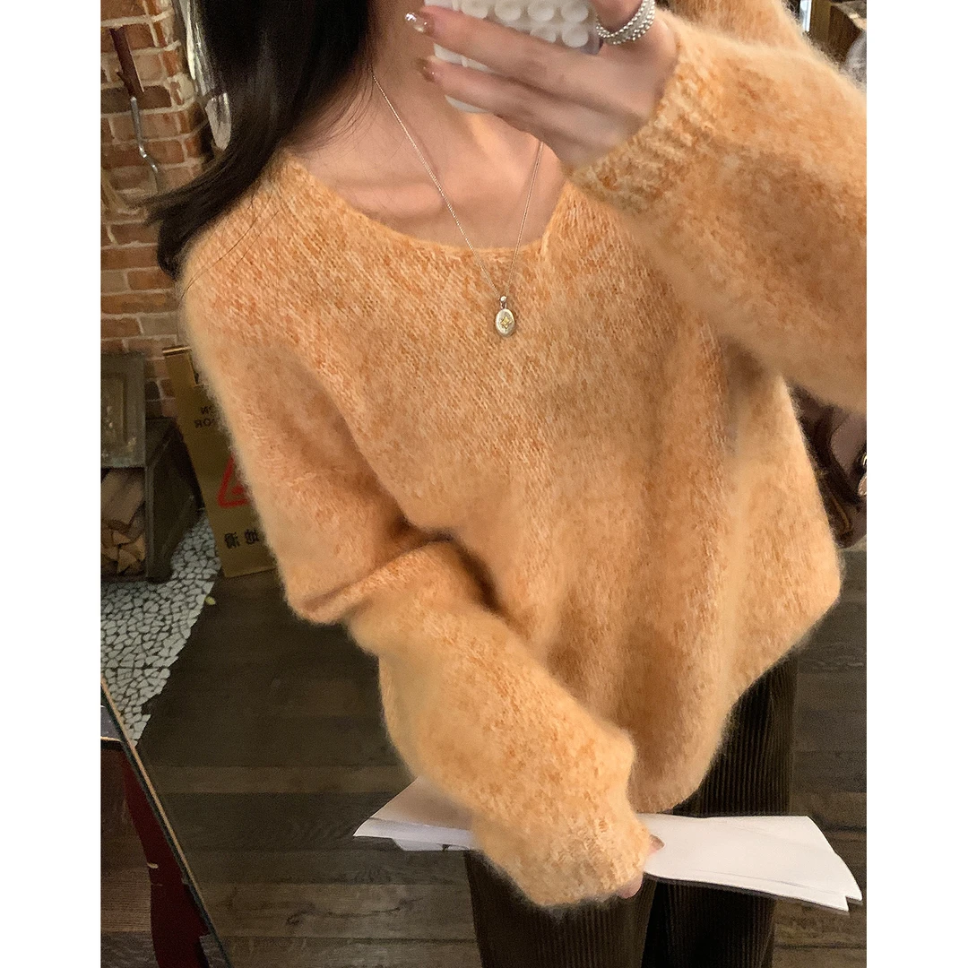 阿一 100羊毛 奢柔拉毛V领套头毛衣2025冬季巨软糯温柔风针织衫