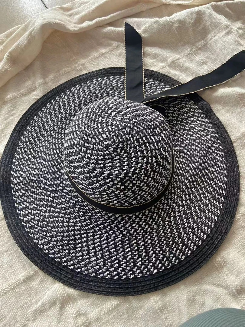 夏季草帽女士沙滩帽空顶帽日系平顶礼帽帽子蝴蝶结大帽檐纸帽