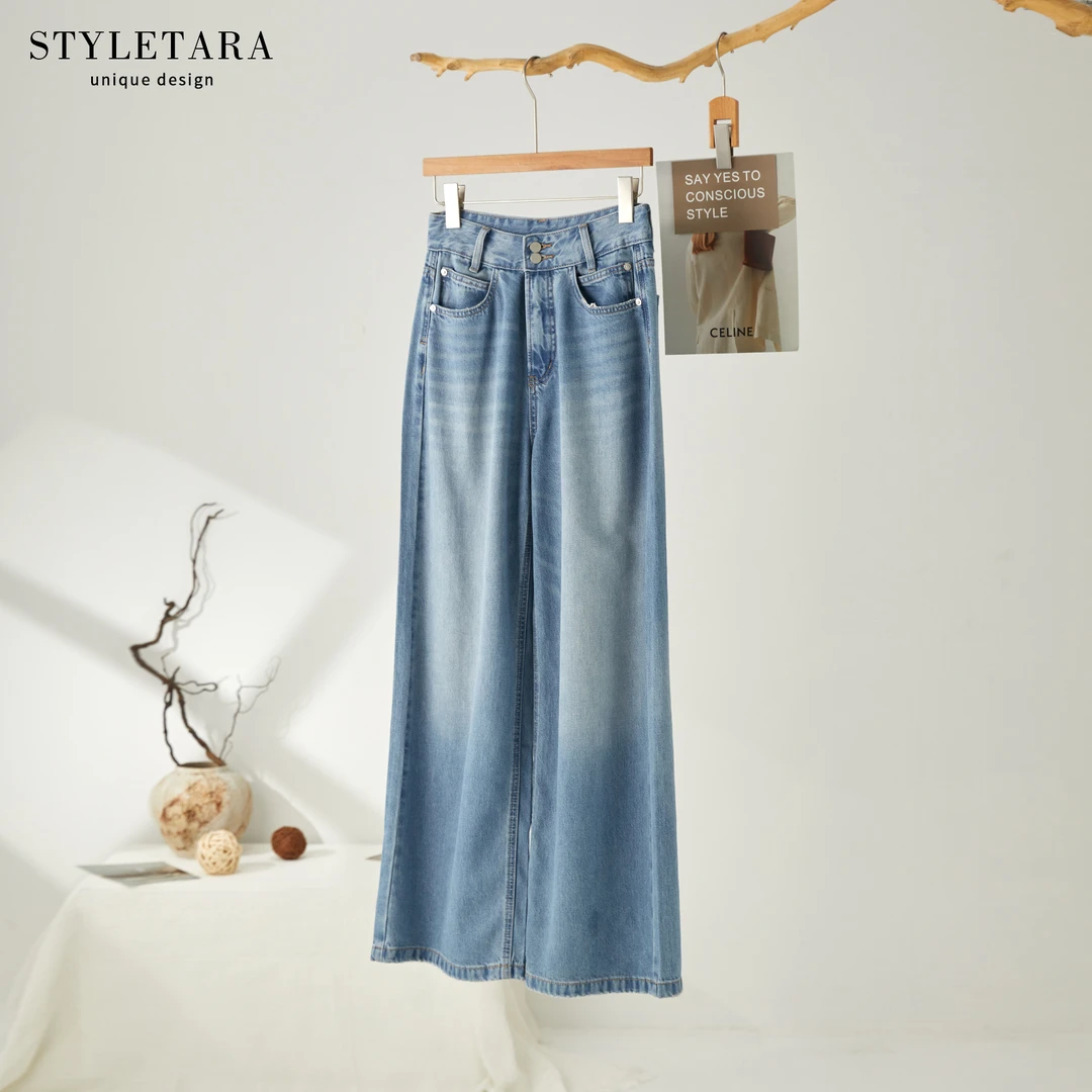 夏季女士直筒牛仔裤12617女装高腰时尚百搭宽松休闲蓝色