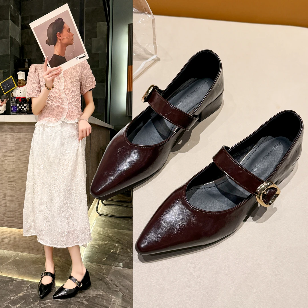 法式尖头浅口玛丽珍鞋女鞋2025春季新款复古粗跟一字带配裙子单鞋