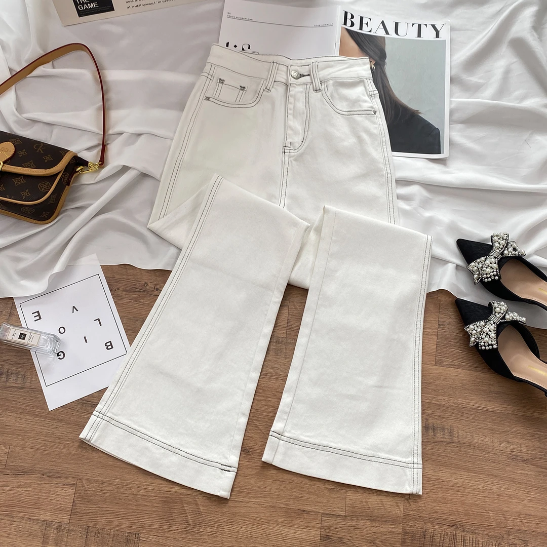 白色微喇牛仔裤女秋季2025年新款高腰修身显瘦弹力马蹄喇叭裤子女
