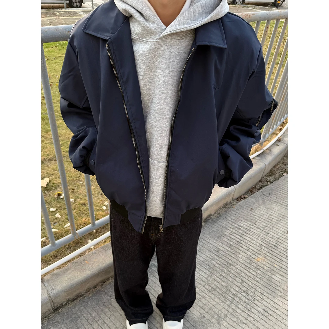 WTHP美式复古藏青色刺绣翻领飞行夹克棉服短款宽松cleanfit外套男