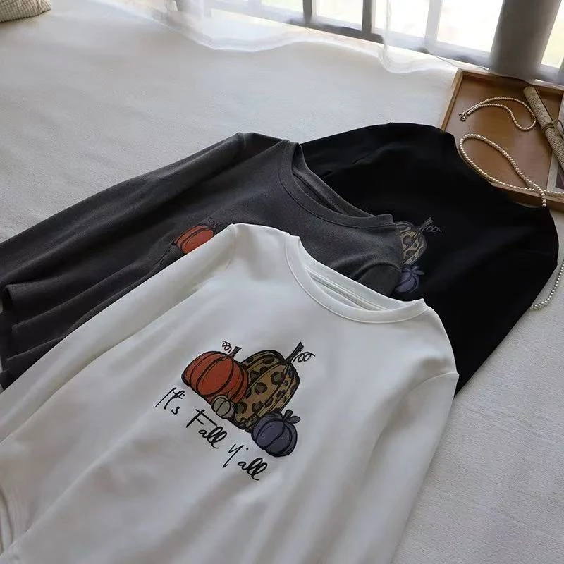 405南瓜印花德绒打底衫新款修身显瘦圆领磨毛保暖加厚短款T恤