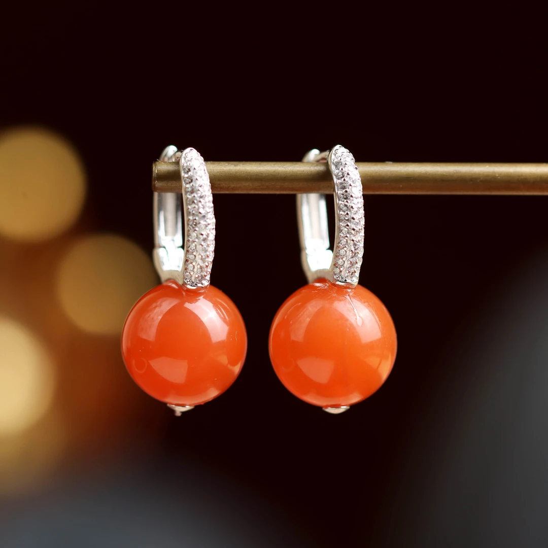 南红玛瑙圆珠S925素银耳扣