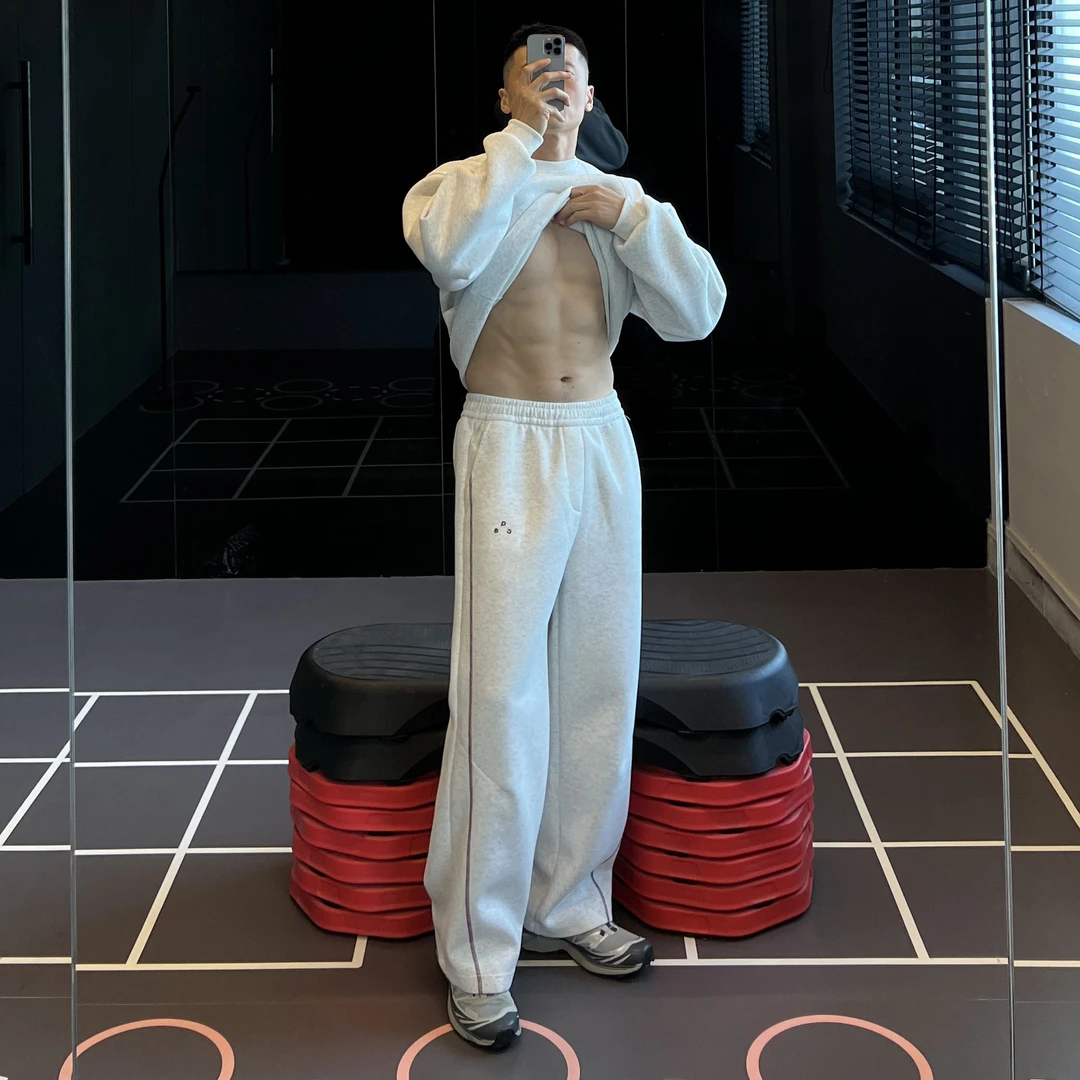 IRONTRAP重磅保暖美式休闲卫裤男直筒宽松运动撞色刺绣长裤秋冬季