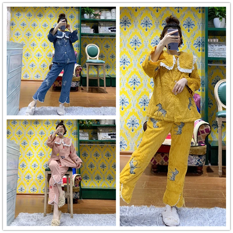 HY978650 pink grape秋冬季女士睡衣双层绒方领宫廷公主风家居服