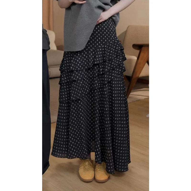 不规则波点高腰遮跨半身裙女春季新款韩系时尚宽松设计感长裙子潮