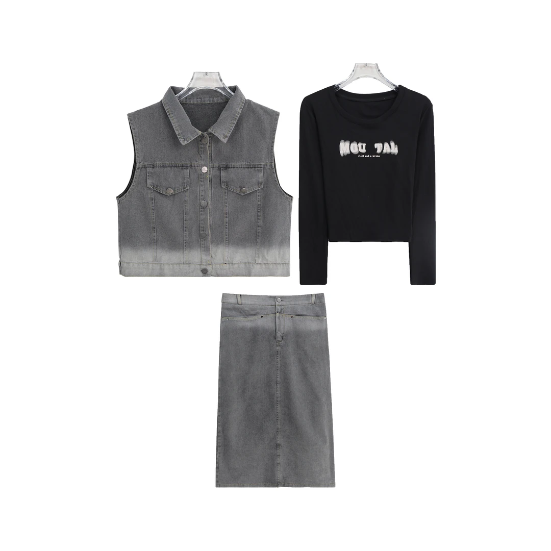 S水洗牛仔马甲设计感T恤高腰半身裙三件套S3856
