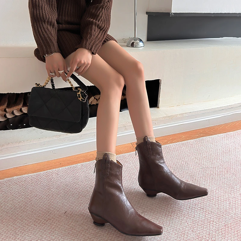 3008/4cm牛皮 粗跟短靴单靴复古高跟粗跟绒面瘦瘦靴方头拉链女靴