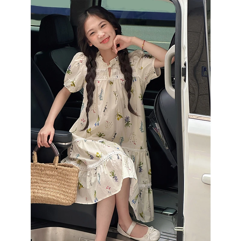 K28891法式度假风女童碎花连衣裙2025新款夏装高端儿童短袖长裙子