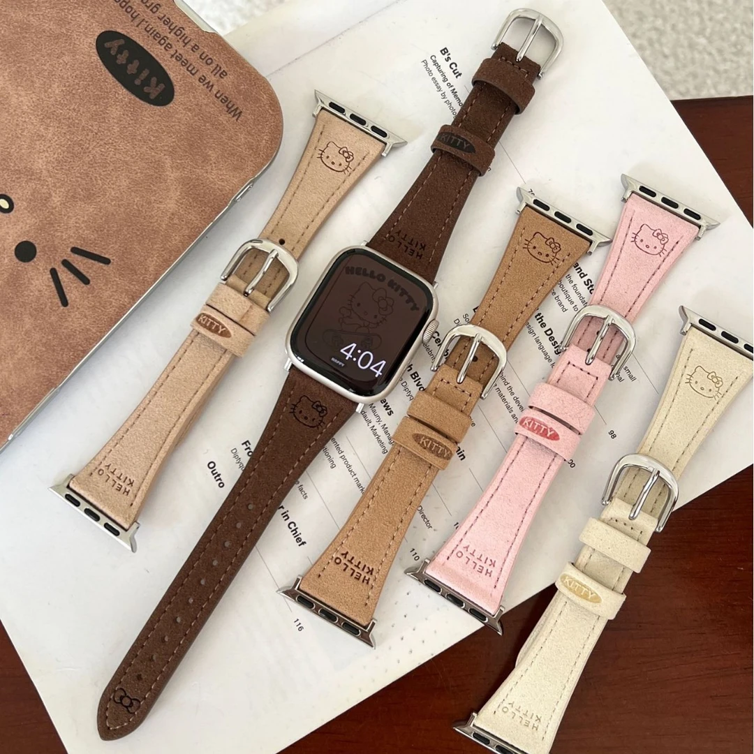 KT小猫头修身翻毛皮表带适用苹果手表iwatch10代987654Ultra/SE