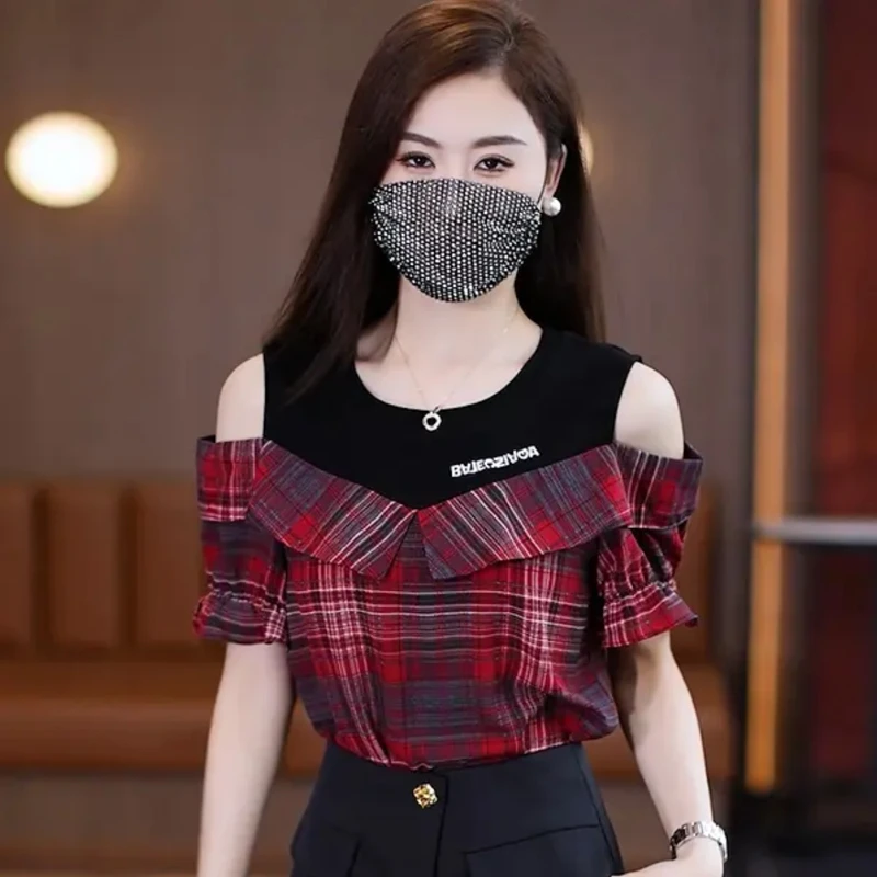 2025夏季新款时尚洋气格子拼接假两件短袖t恤女设计感小众上衣潮