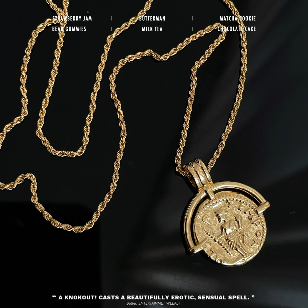 链子925银 B4075 金色人像圆牌麻花链项链复古