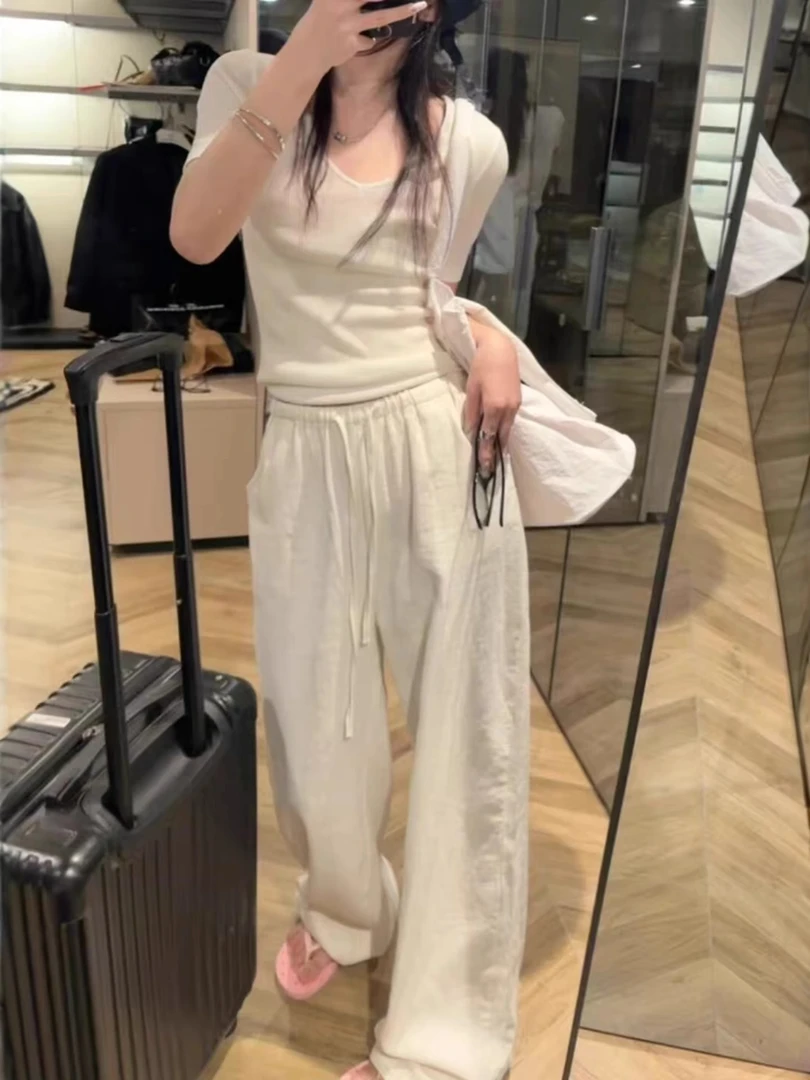 白色苎麻裤女夏季薄款大码胖mm高腰显瘦宽松松弛感休闲棉麻阔腿裤