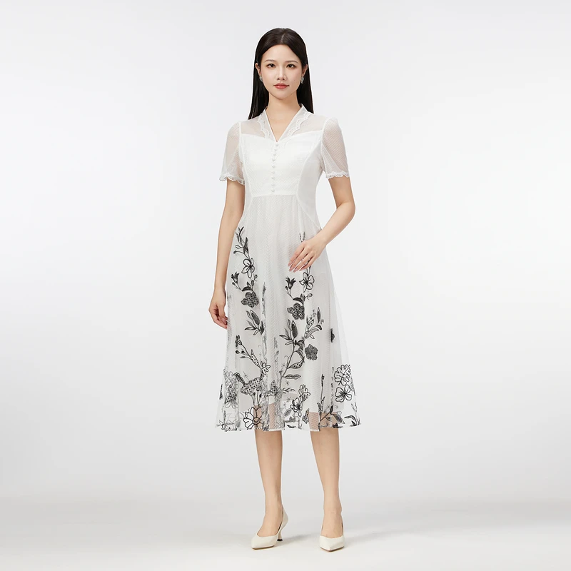 SUSSI/古色【云间缀花】V领泡泡短袖网纱刺绣中式仙女风白色连衣裙