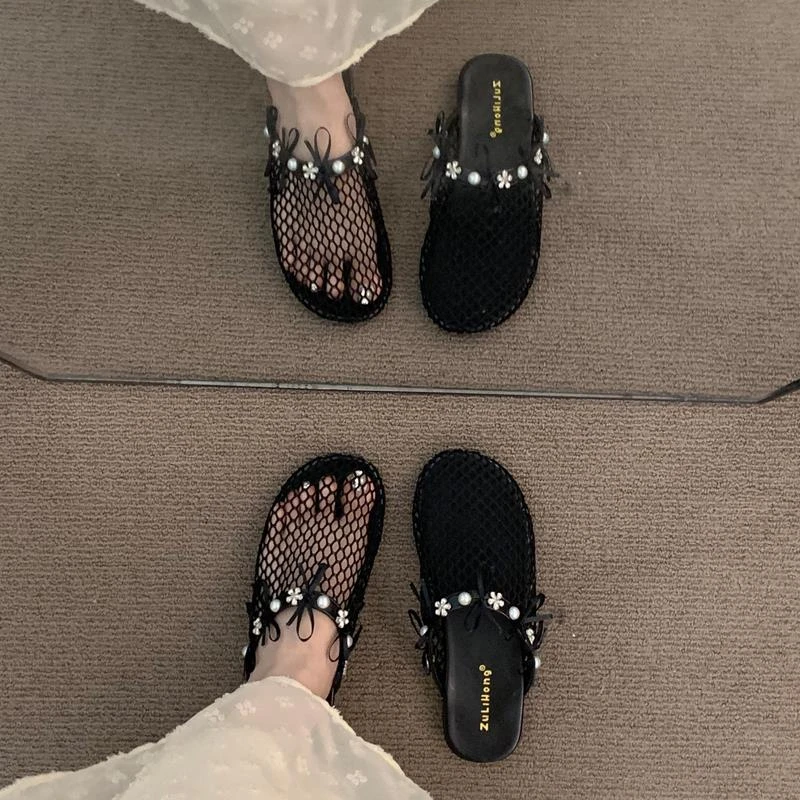 舒适版法式复古网面包头半拖鞋女外穿夏新款编织网水钻防滑凉拖鞋