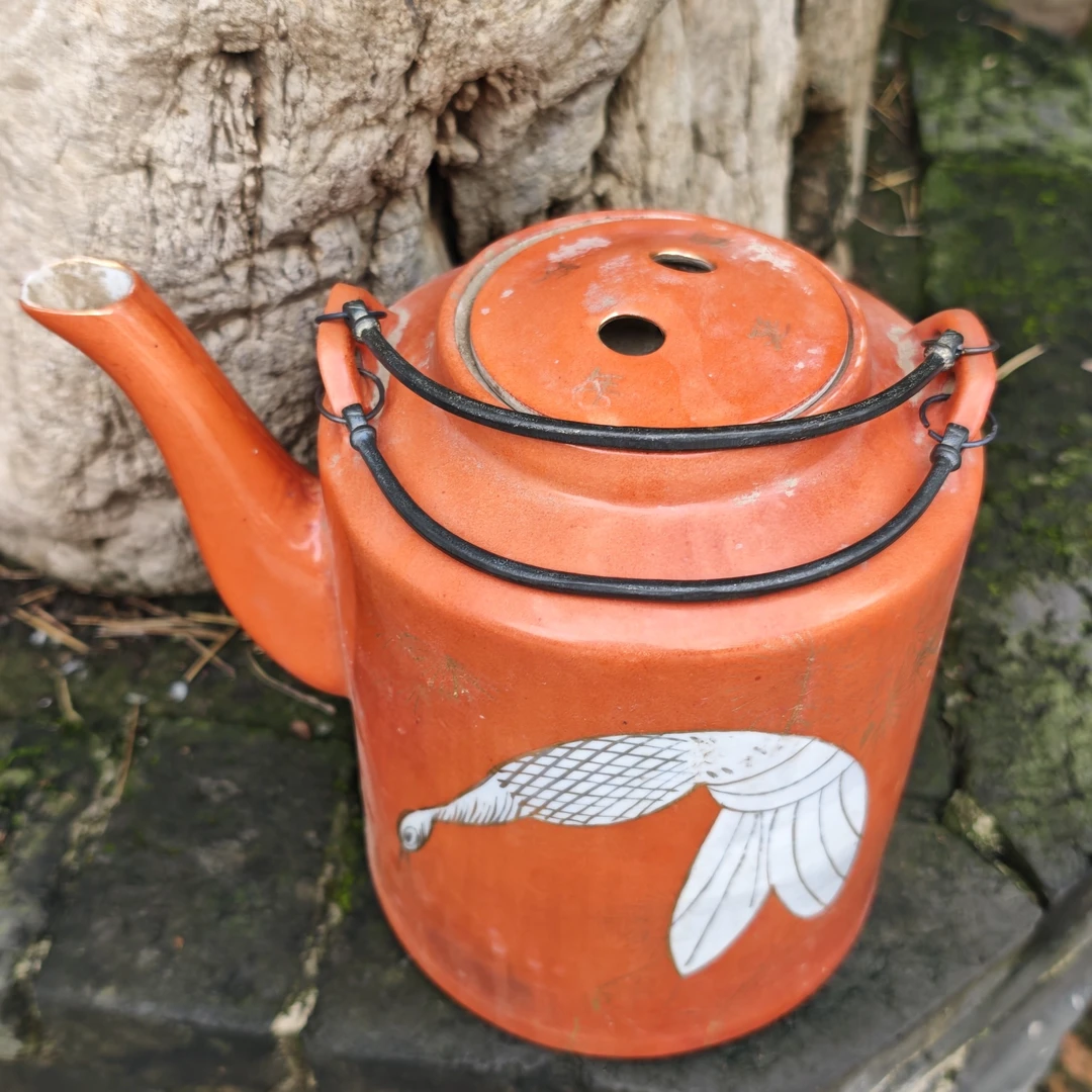 矾红描金松鹤延年大号提梁壶全美品，全手绘