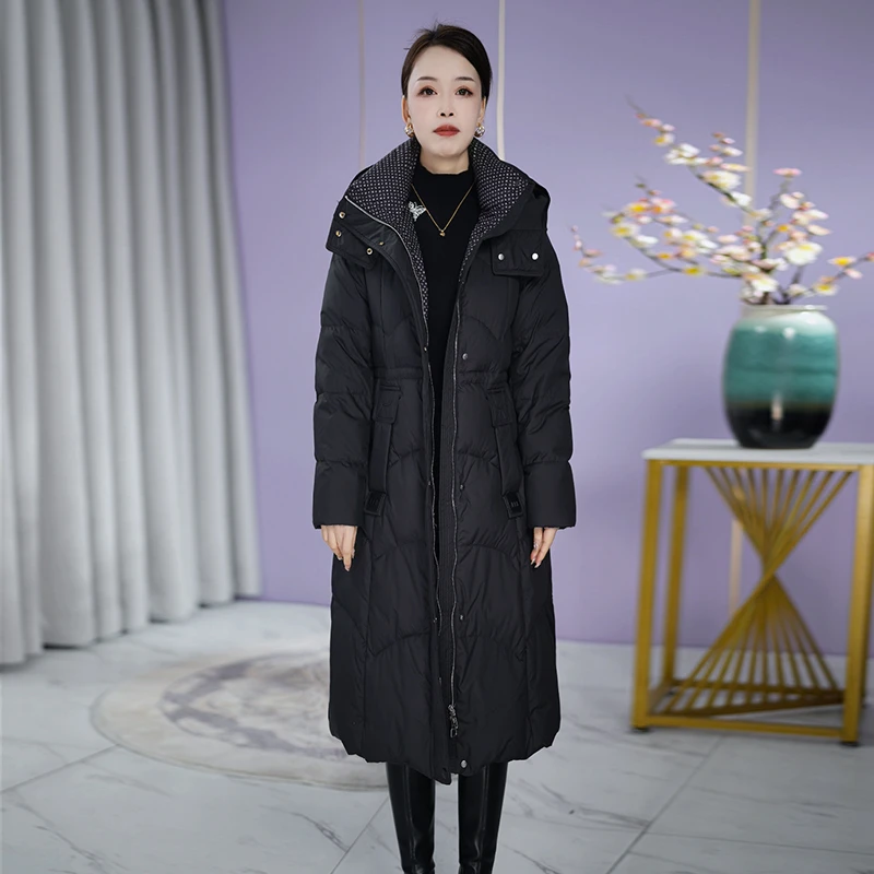 高档女士白鸭绒羽绒服女保暖修身长款显瘦气质妈妈冬装连帽外套