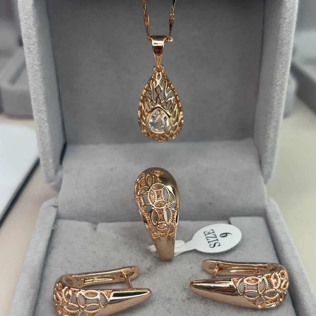 铜合金锆石项链 超美镀金镂空套装