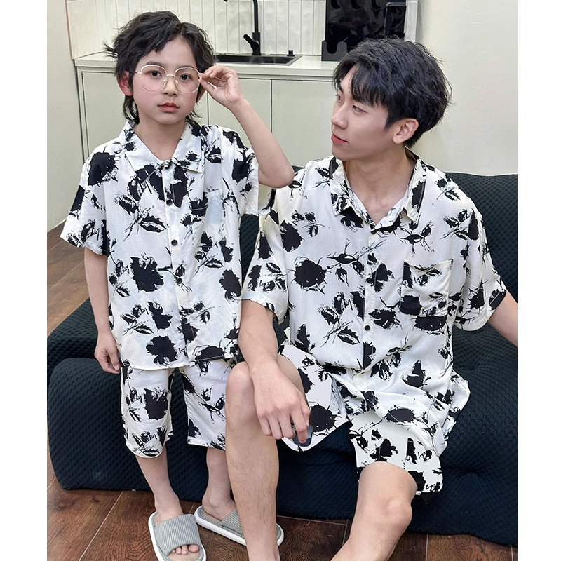 夏季父子装男款棉绸睡衣男童亲子薄款家居服空调服套装
