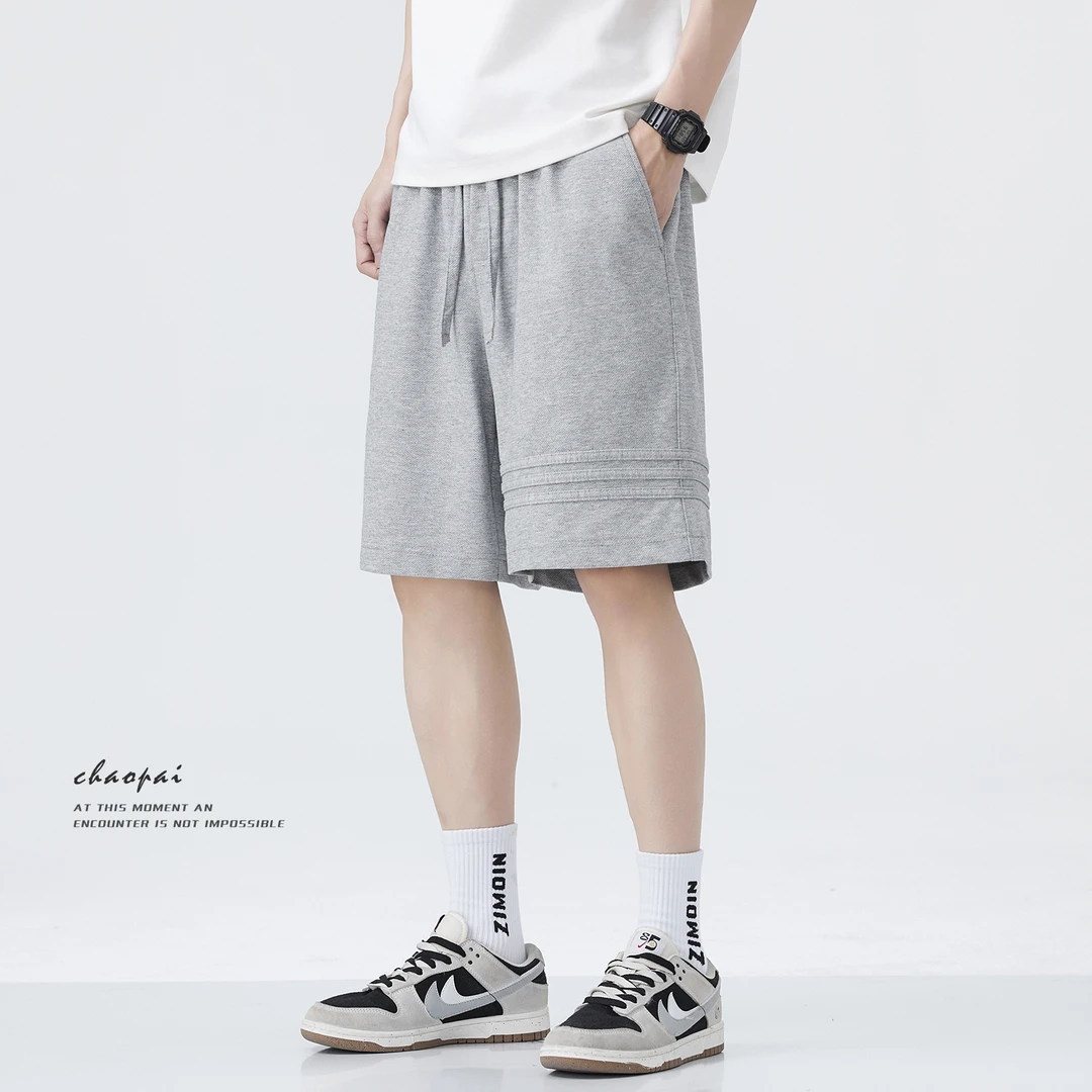 夏季针织短裤男美式潮牌潮流日系复古休闲卫裤男松紧腰灰色五分裤
